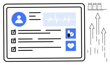 Kullanıcı sağlığı verilerini gösteren tablet, kontrol listesi, ilaçlar, kalp atışı ölçümleri, aşı tüpleri, büyüme okları. Sağlık hizmetleri, dijital kayıtlar ve teletıp tedavisinin izlenmesi için ideal