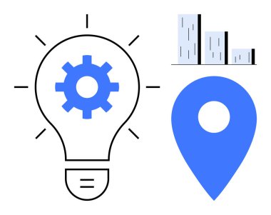 Yenilik için ampul, büyüme için çubuk grafiği ve strateji için lokasyon iğnesi. Yaratıcılık, planlama, yönetim, süreç, iş analizi ve takım çalışması için ideal. Basit düz metafor