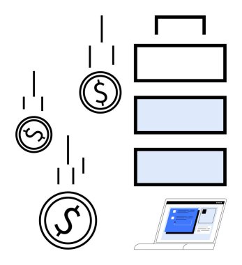 Düşen madeni paralar, genişleyen grafikler ve dizüstü bilgisayar ekranı gelir artışı, iş analizleri ve finansal stratejiyi ima ediyor. Ekonomi, yatırım, pazarlama ve başlangıç büyüme planlaması için ideal