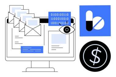 E- postaları, ikili kodları, göz sembolü, dolar işareti ve hapları olan bilgisayar ekranı. Siber güvenlik, veri analizi, sağlık hizmetleri ve internet iletişim teknolojisi için ideal. Basit bir daire.