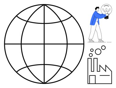 Soyut fabrika tasarımının yanında parlayan bir ampul tutan büyük bir dünya ızgarası. Yenilik için ideal, sürdürülebilirlik, temiz enerji, küresel sanayi, çevresel çözümler, gelecekçi vizyon