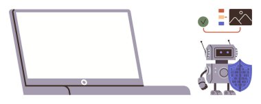 Robot kalkanının yanında boş laptop ekranı, veri görselleştirmesi. Yapay zeka güvenliği, teknoloji, otomasyon, veri analizi, dijital koruma, siber güvenlik çevrimiçi depolama için ideal. Basit düz
