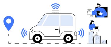 GPS 'i ve sensörleri olan otomatik çalışan bir araba, tabletteki verileri inceleyen bir teknisyen, dizüstü bilgisayarda çalışan bir kadın. Teknoloji, yenilik, yapay zeka, otomasyon, uzaktan çalışma, hareketsizlik için ideal basit düz metafor