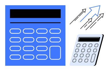 Yukarı bakan okları olan mavi ve beyaz hesap makineleri, yükselen eğilimleri, finansal başarıyı ve ilerlemeyi simgeliyor. Finans, iş, analitik, muhasebe, strateji büyümesi için ideal başarı