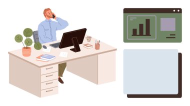 Profesyonel masasında oturmuş, etrafı monitör, bitkiler, kitaplar ve çizelgelerle çevrili bir telefon görüşmesi yapıyor. Üretkenlik, uzaktan çalışma, veri analizi, iş iletişim bürosu kurulumu için ideal