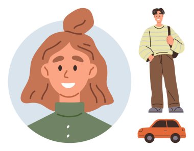 Dairesel çerçevede gülümseyen kadın ve küçük bir arabanın yanında çanta tutan sıradan giyimli adam. Yaşam tarzı, ulaşım, günlük rutin, günlük moda, insan ilişkileri, seyahat, ilişki kurulabilir