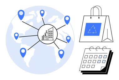 Bir fabrikayı bağlayan konum iğneli dünya haritası, geri dönüşüm ikonu ve takvimle çevre dostu alışveriş torbası. Lojistik, sürdürülebilirlik, iş planlaması, küresel ticaret, tedarik zinciri için ideal
