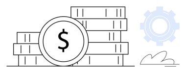 Dolar işaretli bozuk paralar, arka planda teçhizat ve minimum yeşillik. Finans, iş, kâr, yatırım, üretkenlik, tasarruf ekonomik büyüme temaları için idealdir. Temiz, düz metafor