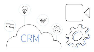 Ampul, el arabası, sohbet baloncukları, dişli ve video simgelerini birbirine bağlayan CRM yazılı bulut. Teknoloji, iş, müşteri ilişkileri, takım çalışması proje yönetimi pazarlama ve yenilik için idealdir. Basit.