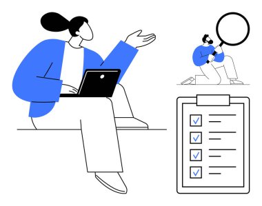 Dizüstü bilgisayarı olan bir kadın, işaretli kontrol listesi ve büyüteçle detayları analiz eden bir adam. Takım çalışması, proje planlaması, üretkenlik, veri incelemesi, görev öncelikleri için ideal