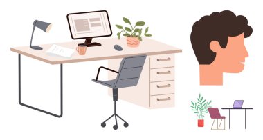 Bilgisayar, lamba, belgeler, kahve fincanı ve döner sandalyenin yanında saksı bitkisi olan bir masa. Kişinin yan profili ve ek düzenlemeler dahil. Üretkenlik, iş-yaşam dengesi veya yaratıcılık için ideal