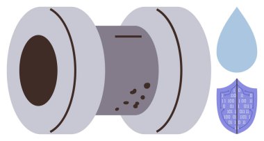 Tortu parçacıkları, su damlası ve temiz su, güvenlik, arıtma ve hijyeni temsil eden kalkan ikonu içeren silindirik su filtresi kartuşu. Su arıtma ve güvenlik için ideal.