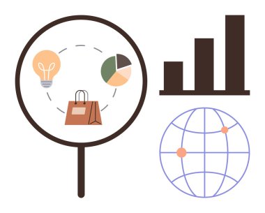 Büyüteç ampul, pasta grafiği ve alışveriş poşetine odaklanıyor. Grafik ve kürenin yanında. Analiz, yenilik, iş büyümesi, strateji, e-ticaret için ideal küresel eğilimler basit düz