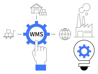 Depoyla, fabrikayla, el arabasıyla, küreyle ve ampulle çevrili olan WMS ile el etkileşimi. Lojistik, tedarik zinciri, verimlilik teknolojisi planlama yenileme yönetim dairesi için ideal