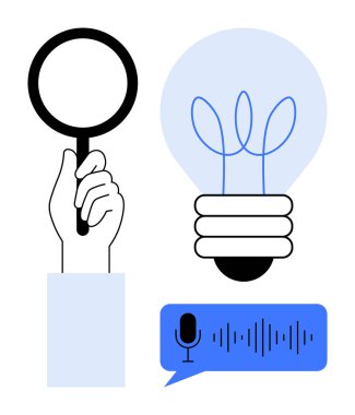 El ele tutuşan büyüteç, fikirleri temsil eden ampul, konuşma balonunda ses dalgası. Araştırma, yenilik, yaratıcılık, podcast, ses tanıma, basit düz metafor için ideal