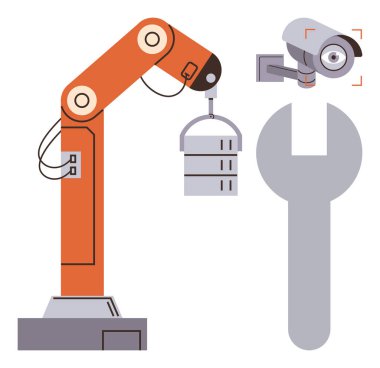 Robotik kol kaldırma bileşeni, güvenlik kamerası izleme ve tamir aracı olarak İngiliz anahtarı. Otomasyon, robot bilimi, güvenlik, imalat, endüstri mühendisliği teknolojisi için ideal. Basit düz