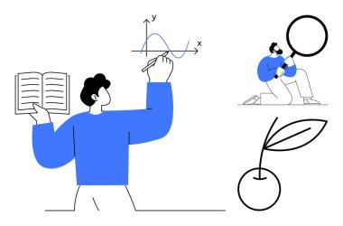 Araştırmacı, veri çizerken kitabı inceler, detayları büyüteçle inceler ve gelişimi sembolize eden büyüyen bitki yetiştirir. Eğitim, araştırma, büyüme, analiz, yenilik için ideal