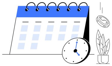 Spiral takvim, oklu saat, bozuk para ve bitki. Zamanlama, planlama, verimlilik, zaman izleme hedefi, finansal yönetim günlük işleri belirlemek için ideal. Basit düz metafor