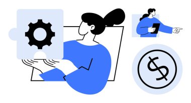 Sorun çözmeyi temsil eden vites bulmacası, finans için dolar işareti ve planı sembolize eden pano. İş, strateji, finans, takım çalışması, karar verme, yenilik için ideal