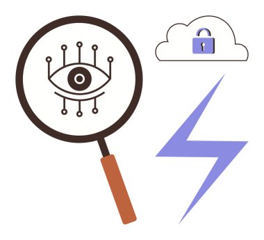 Nöral göz desenli büyüteç, kilit ikonlu güvenli bulut, yıldırım. Siber güvenlik, yapay zeka analizi, veri koruması, bulut teknolojisi, yenilik, dijital gizlilik için ideal