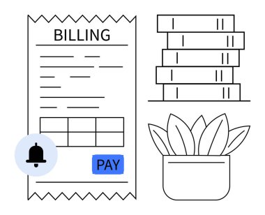 Fatura, ödeme düğmesi, tebligat zili, düzgünce istiflenmiş kitaplar ve küçük bir saksı bitkisi. Faturalama, çevrimiçi ödeme, organizasyon, ofis kurulumu, üretkenlik, asgari sürdürülebilirlik için ideal