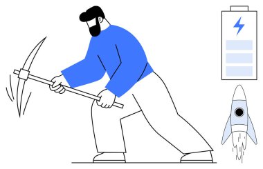 Büyük kazmalı adam madenciliği, aşağıda roket fırlatma ve enerji deposunu sembolize eden pil. Teknoloji, güç, yenilik, endüstri, sürdürülebilirlik girişimciliği için ideal. Basit.