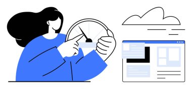 Kadının performans göstergesi ve bulut tabanlı gösterge paneliyle etkileşimi var. Veri analizi, performans, bulut teknolojisi, dijital araçlar, üretkenlik, yenilik, kullanıcı deneyimi için ideal. Basit düz