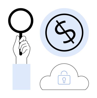 El ele tutuşan büyüteç, dolar sembolü finans, kilitli bulut güvenliği temsil ediyor. Finans, güvenlik, analiz, yatırım, veri koruma tasarruf araştırmaları için ideal. Basit.