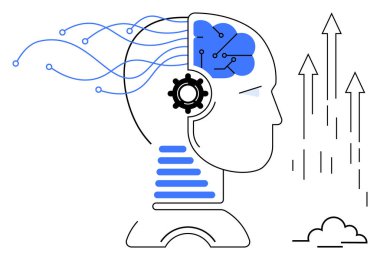 Sinir ağı, teçhizat ve akan veri hatları olan bir insan kafası. Oklar ilerlemeyi, yeniliği ve büyümeyi simgeler. Yapay zeka, teknoloji, makine öğrenme otomasyon yaratıcılığı veri bilimi için ideal