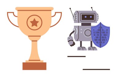 Robot kalkanı kupa gösterisi takım çalışması, koruma ve başarının yanında ikili kodla tutuyor. Teknoloji, yenilik, siber güvenlik, ödüller, yapay zeka güvenliği ve başarı temaları için idealdir. Basit.