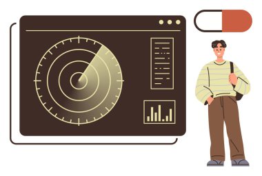 Radar ekranı haritalar, grafikler ve UI detaylarıyla tarıyor. Yanında çantalı sıradan bir genç adam var. Teknoloji, veri, analiz, tarama, radar arayüzü tasarım görselleştirme için idealdir. Basit bir daire.