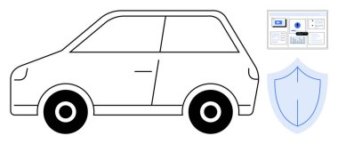Basit bir dairede araba güvenliği, sigorta, veri koruması, akıllı teknoloji, ulaşım hizmetleri, filo yönetimi ve siber güvenliği vurgulayan kompakt araba, kalkan ve analitik gösterge paneli