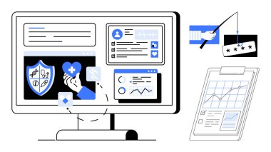 Bilgisayar ekranında sağlık verileri, kalkanlar, analitikler ve filtreleme faaliyetleri görülüyor. Sonuçları gösteren pano. Siber güvenlik, sağlık, florasan önleme, analitik veri güvenliği için ideal