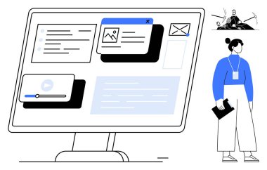 Görev listelerini gösteren bilgisayar ekranı, video oynatıcı, e-posta, tarayıcı sekmeleri, artı profesyonel bireysel bekleme notları. Üretim, eğitim, uzaktan çalışma ve odaklanma teknolojisi için ideal