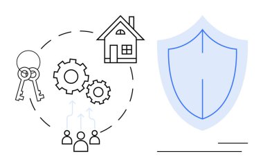 Anahtarlar, ev, dişliler ve bir kalkan mülk güvenliğini, takım çalışmasını ve sistem verimliliğini sembolize ediyor. Gayrimenkul, ev koruması, sigorta ekip çalışması veri güvenliği işbirliği için ideal basit bir daire