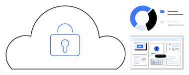 Veri güvenliğini, analitik pasta grafiğini ve arayüz gösterge panelini temsil eden asma kilit içeren bir bulut. Siber güvenlik, veri koruması, bulut depolama, şifreleme, analitik ve bilişim çözümleri için ideal