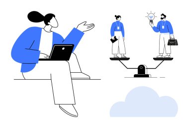 Dizüstü bilgisayarı olan bir kadın, iş yükünü dengeleyip fikirleri tartışan tahterevallideki iki meslektaşına rehberlik ediyor. Takım çalışması, işbirliği, eşitlik, liderlik, proje yönetimi, işyeri uyumu için ideal