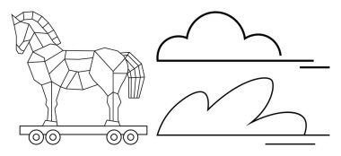 Minimalist bulutların ve rüzgar çizgilerinin yanında tekerlek üzerinde düşük polimetrik Truva atı. Strateji, aldatma, siber güvenlik, tarih, yaratıcılık, yenilik, basitlik için ideal. Mükemmel basit düz