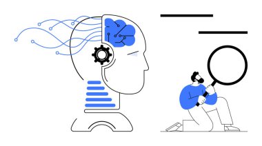 Bir araştırmacı elinde büyüteçle diz çökerken insan beyni yapay zeka elementleri ve dişlilerle birleşti. Teknoloji, yenilik, yapay zeka, veri analizi, araştırma, makine için ideal