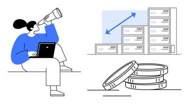 Dizüstü bilgisayarı olan bir kadın sunucu yığınlarını, bozuk paraları ve yükselen eğilimleri analiz etmek için teleskop kullanır. Veri analizi, teknoloji, finans, yatırım, araştırma büyümesi ve strateji için ideal. Basit düz metafor