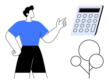 Finansal planlamayı, bütçe yönetimini ve karar verme mekanizmasını destekleyen bir adam. Finans, tasarruf, muhasebe, eğitim, analiz planlama işleri için idealdir. Basit düz metafor