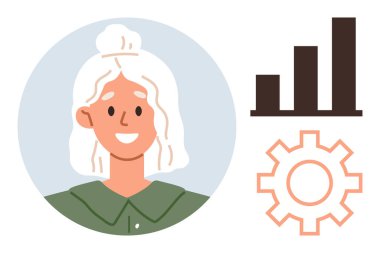 Büyüme çizelgesi ve teçhizatın yanında gülümseyen kadın portresi gelişimi, takım çalışmasını, yeniliği, planlamayı, liderliği, işbirliğini ve ilerlemeyi simgeliyor. İş ve pazarlama verimliliği için ideal