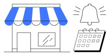 Mavi çizgili tenteli, zil ve işaretli takvimin yanında küçük bir perakende mağazası. İş planlaması, programlama, hatırlatıcılar, uyarılar, etkinlik yönetimi, zaman yönetimi, perakende satış için ideal