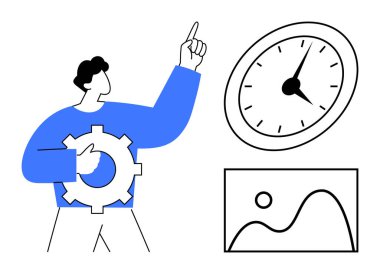 Elinde teçhizat olan ve yukarı bakan kişi, zamanı ve grafiği simgeleyen saat. Üretkenlik ipuçları, zaman yönetimi, takım çalışması, hedef belirleme, karar verme, iş stratejisi basit düz