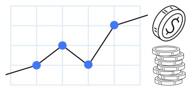 Izgaradaki mavi veri noktalarını birbirine bağlayan çizgi grafiği, yanında para yığını. Finans, kâr, yatırım, ekonomi, istatistik, tasarruf iş eğilimi için ideal. Basit düz metafor