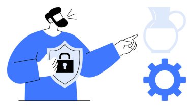 Kalkanı kilitli olan kişi sürahi ve teçhizatı gösterir. Güvenliği, uyumu ve mahremiyeti simgeler. Siber güvenlik, güven, güvenilirlik, teknoloji, koruma ürünü geliştirme için idealdir.