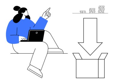 Bilgisayarla çalışan bir kadın fikri işaret ediyor, dijital çözümleri vurguluyor. Aşağı doğru ok üst üste istiflenmiş paralarla boks yapmaya yönelir. Yenilik için ideal, dijital ticaret, indirme, üretkenlik