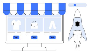 Depo önü ve ürün şebekesi olan bilgisayar ekranı, altında alışveriş arabaları, yakınında roket fırlatma. E-ticaret, perakende, girişim, yenilik, teknoloji, büyüme dijital pazarlama için ideal