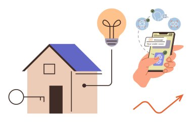 Akıllı kilidi olan ev, ampul bağlantısı, uygulama doğrulamalı el ele tutuşan telefon ve yükselen eğilim oku. Ev otomasyonu, güvenlik, yenilik, IOT, uzaktan kumanda teknolojisi için ideal