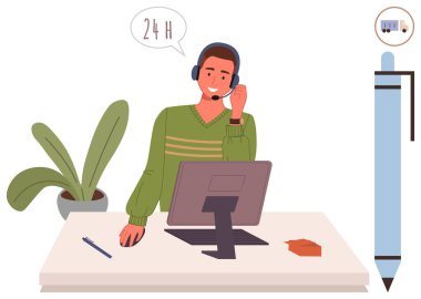 Müşteri hizmetleri masasında kulaklık takan dost canlısı bir ajan. Bilgisayar, kalem, defter, konuşma balonu, masaya bitki. İletişim, destek, çağrı merkezi yönlendirme ekibi çalışması için ideal